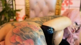 Tattooed Babe Wrecks Her Ass with Her Fuck Machine