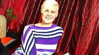 German blonde milf shows her pussy to camera as she eagerly masturbates her with big fake cocks stuck deep inside