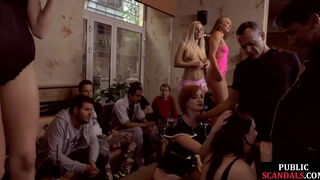 Latex slut deepthroats in public oral orgy 4 cums in mouth