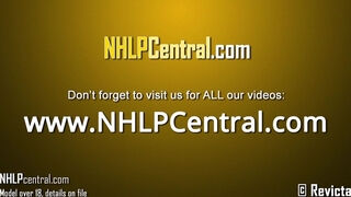 Blonde Satine Spark Fucks Tight Hairy Pussy with Toy in Suspenders Stockings High Heels