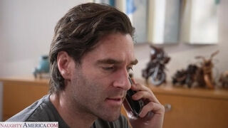Cheating wife Andi Avalon gets railed by her neighbor as she talks to her husband on the phone