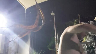 Cleaning the pool naked with cute winky and sexy ass
