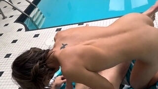 Girl's Poolside Threesome with Double Creampie
