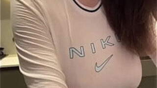 Stepmom in short T-shirt shows milky tits
