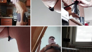 Brunette hairy bun, big tits, sensual hairy woman in the kitchen. Sexy MILF, hairy pussy, big ass
