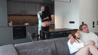 Step-family hot anal orgy with teen babes