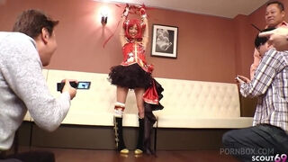 Skinny Japanese Cosplay Gir give Blowjob and Handjob to two old Stranger Guys at Convention