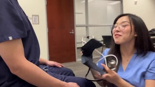 Petite asian nurse pounds on patient's hard dick