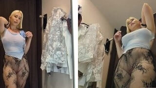 Blonde with big Tits Try on haul Clothes in Mall. Milf in Fitting Room